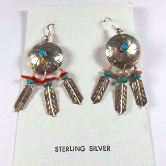 Dream Catcher Handmade Indian Sterling Silver Earrings with Turquoise & Coral